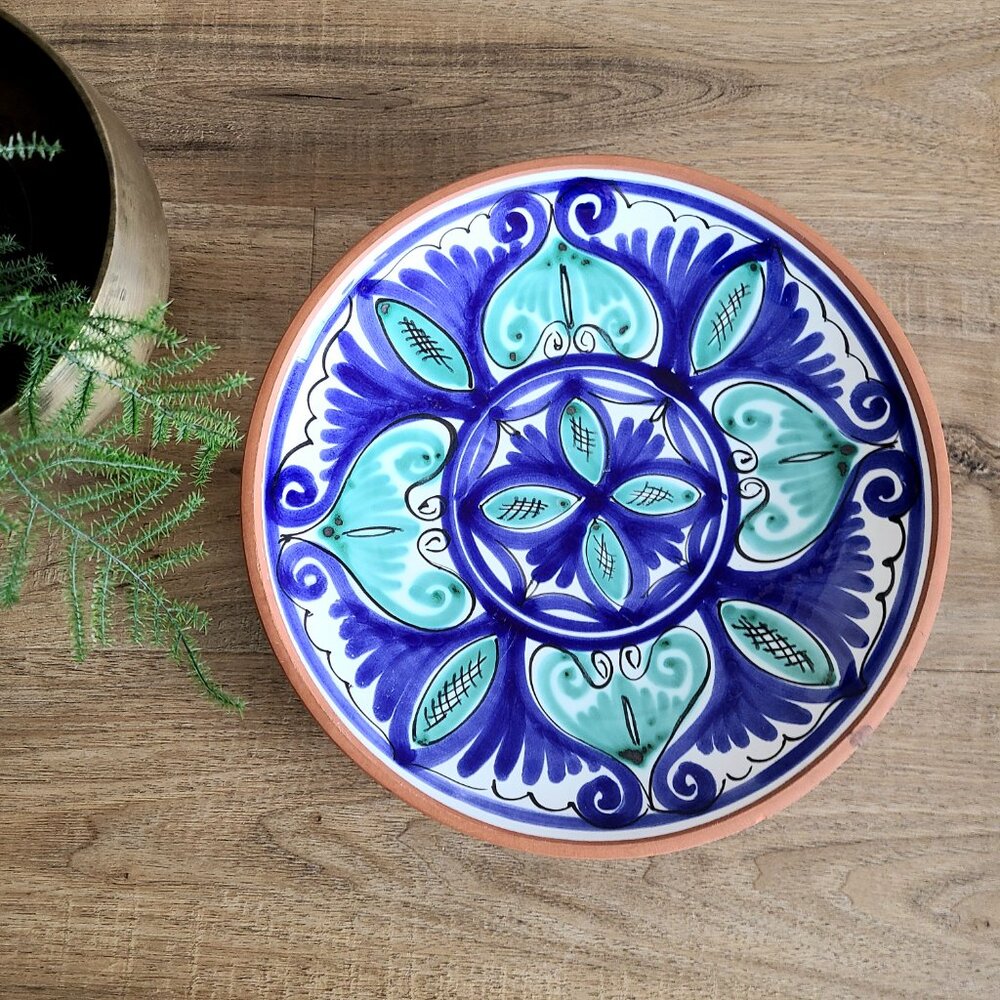 Mexican or Spanish hand painted red clay wall plate/dish. Wall  home decor.